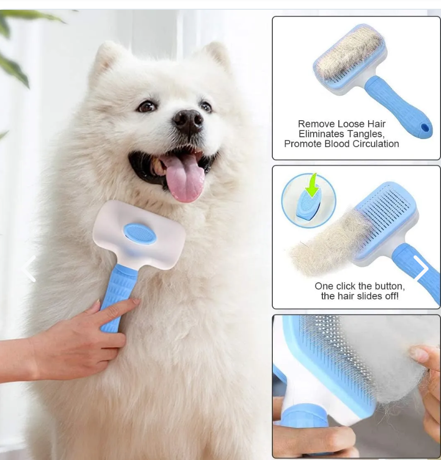 Cepillo Autolimpiante para Mascotas en uso con perro Samoyedo